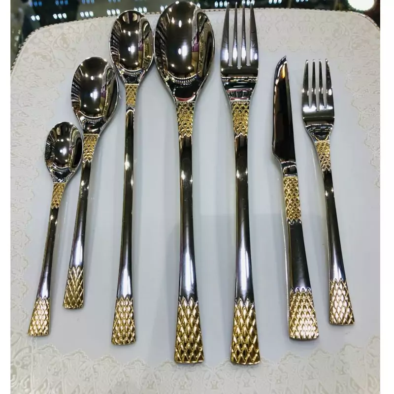 سرویس قاشق وچنگال یونیک 24 نفره 120 پارچه دهانه اروپایی نیم طلااستیل نگیر (آهن ربا نگیر)  آناناسی